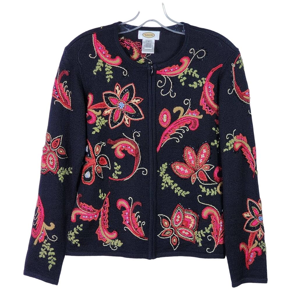 Vintage Talbots Embroidered Beaded Wool Blend Cardigan S – Black Floral Zip